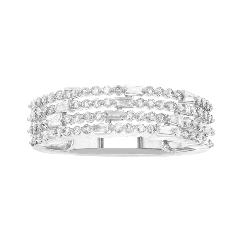 14K White Gold Round and Baguette Lines Design Diamond Band