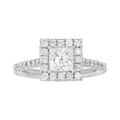14K White Gold Princess Cut Lab Grown Diamond Halo Fancy Solitaire Ring