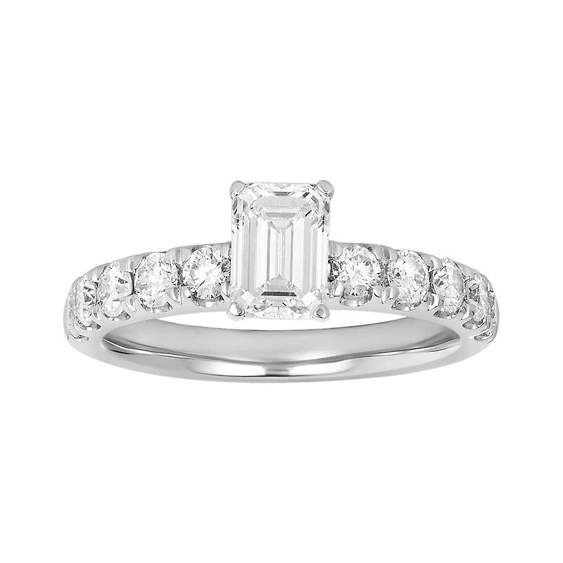 14K White Gold Emerald Cut Lab Grown Diamond Pave Shank Ring