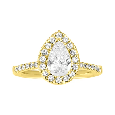 14K Yellow Gold Pear Lab Grown Fancy Halo Solitaire Ring