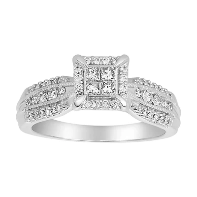 14K White Gold Quad Head and Milgrain Design Diamond Ring