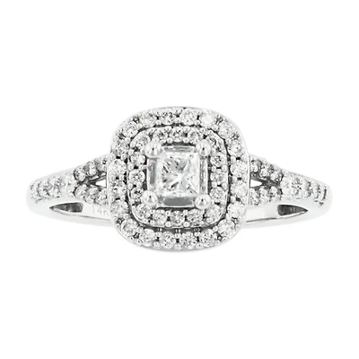 14K White Gold Princess Cut Double Halo Diamond Ring