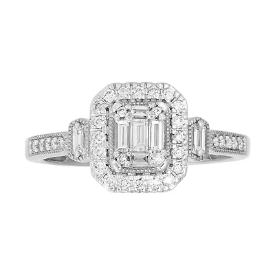 14K White Gold Emerald Head Halo Diamond Ring