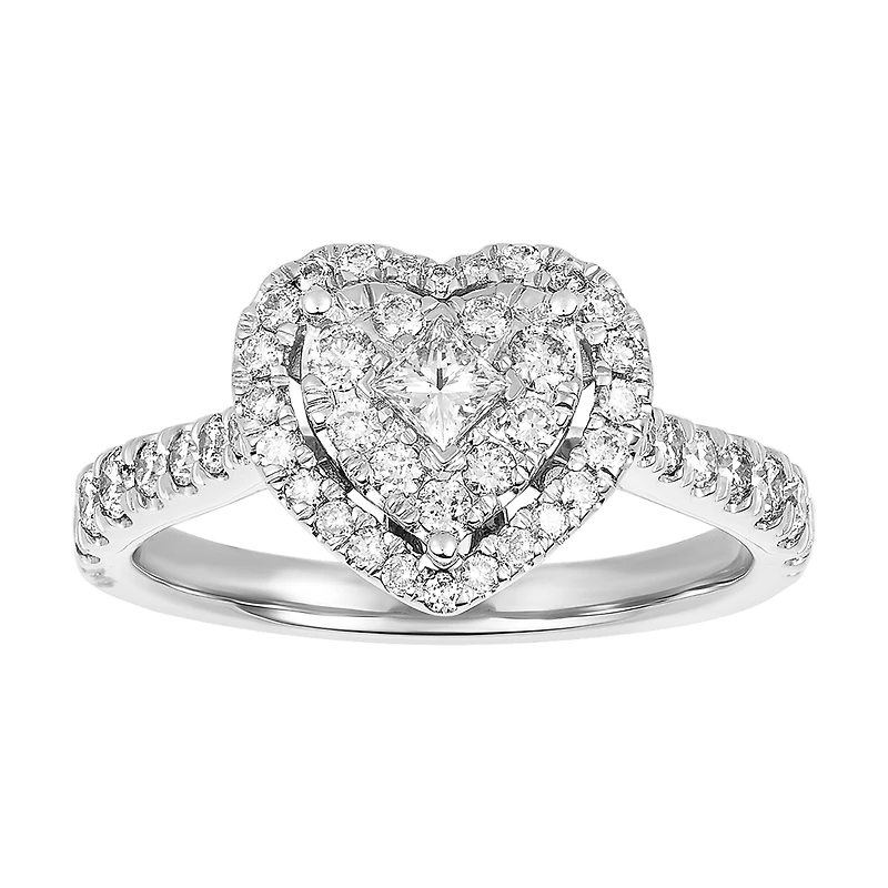 14K White Gold Heart Shaped Double Halo Solitaire Ring