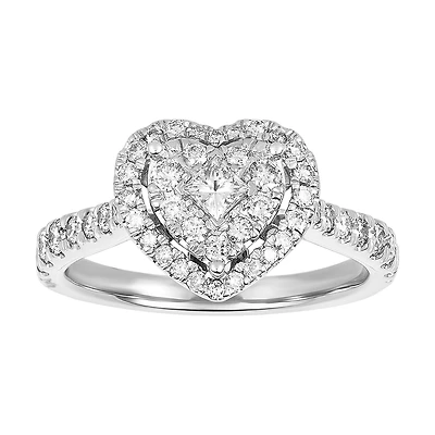 14K White Gold Heart Shaped Double Halo Solitaire Ring