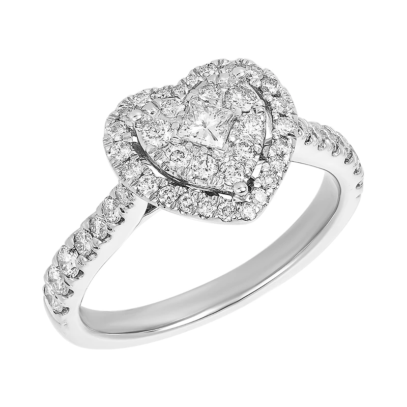 14K White Gold Heart Shaped Double Halo Solitaire Ring