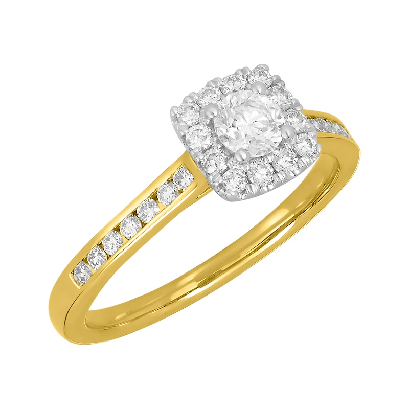 14K Two Tone Gold Cushion Halo Diamond Ring