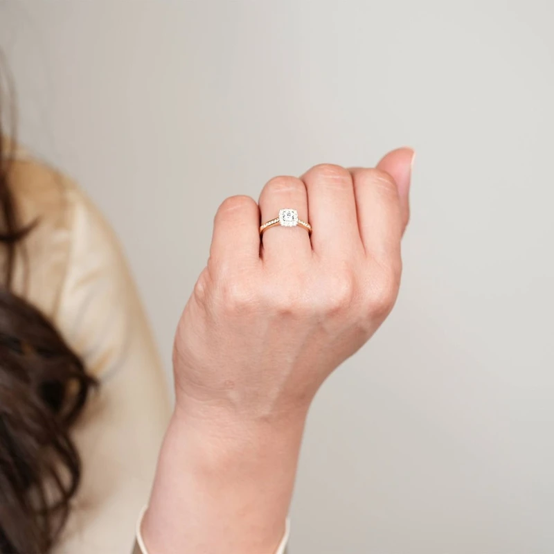 14K Two Tone Gold Cushion Halo Diamond Ring