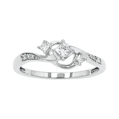 14K White Gold Princess Cut 3 Stone Swirl Diamond Ring