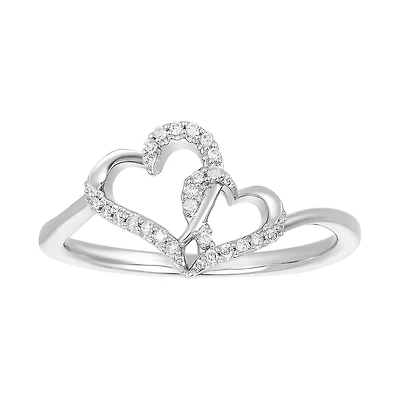 10K White Gold Two Hearts Linked Diamond Ring