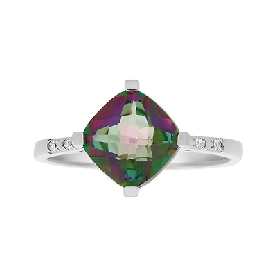 14K White Gold Cushion Mystic Topaz Diamond Ring