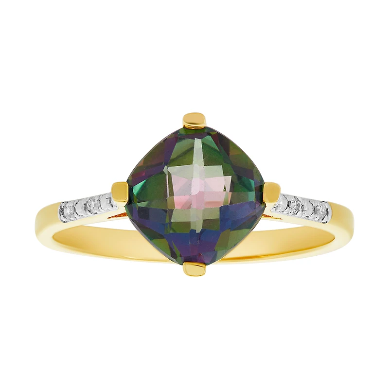 14K Yellow Gold Cushion Mystic Topaz Diamond Ring