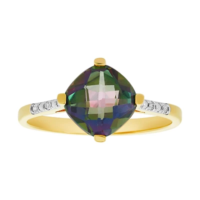 14K Yellow Gold Cushion Mystic Topaz Diamond Ring