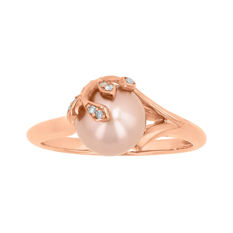 14K Rose Gold Fern Pink Pearl Diamond Ring