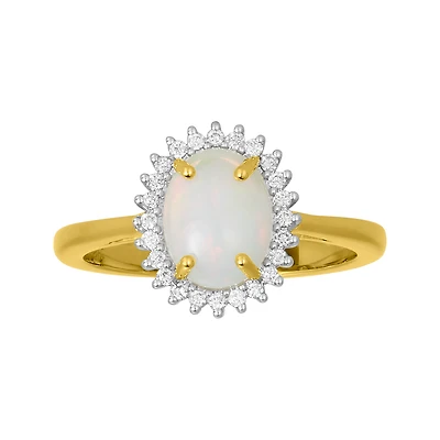 14K Yellow Gold Oval Opal Diamond Halo Ring