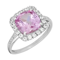 10K White Gold Cushion Pink Sapphire Diamond Ring