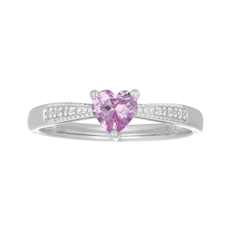 10K White Gold Heart Pink Sapphire Diamond Ring