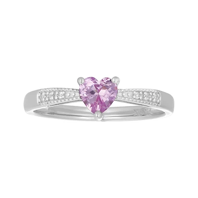 10K White Gold Heart Pink Sapphire Diamond Ring