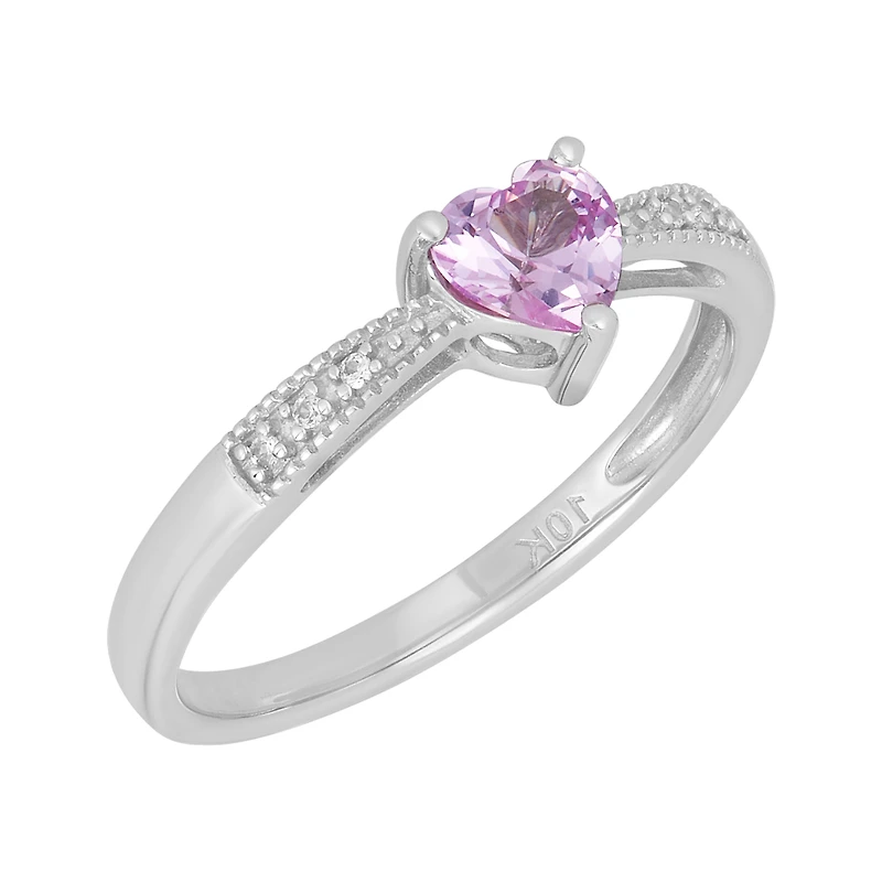 10K White Gold Heart Pink Sapphire Diamond Ring