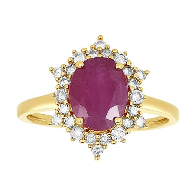 14K Yellow Gold Oval Ruby Diamond Halo Ring