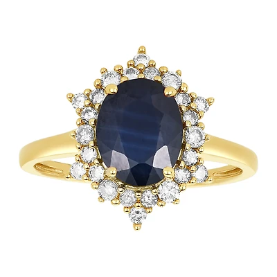 14K Yellow Gold Oval Sapphire Diamond Halo Ring