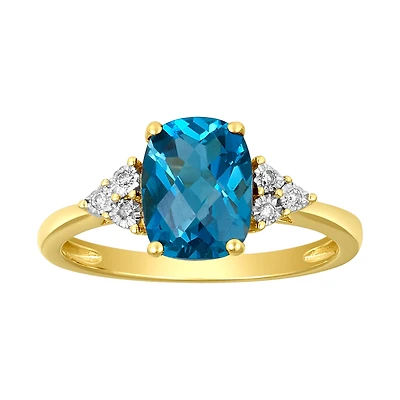 14K Yellow Gold Cushion London Blue Topaz Diamond Ring