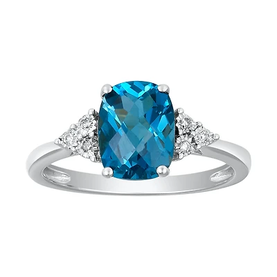 14K White Gold Cushion London Blue Topaz Diamond Ring