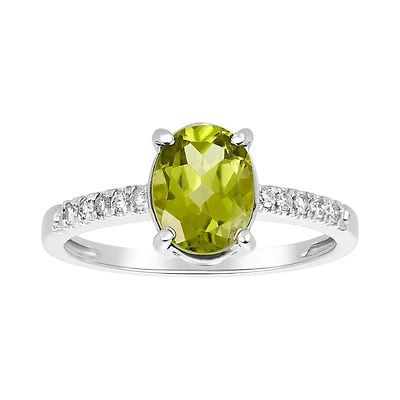 14K White Gold Oval Peridot Diamond Ring
