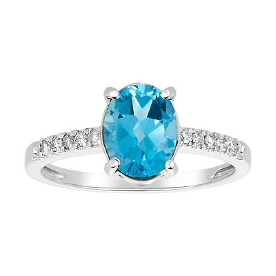 14K White Gold Oval Blue Topaz Diamond Ring
