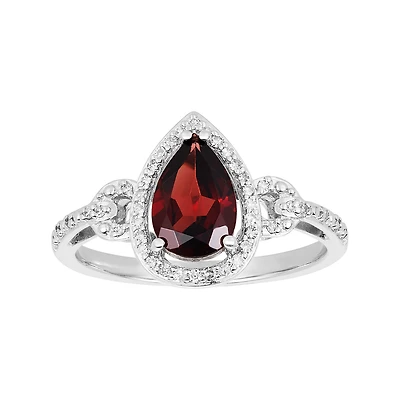 14K White Gold Pear Shaped Garnet Halo Diamond Ring