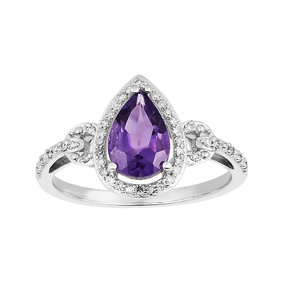 14K White Gold Pear Shaped Amethyst Halo Diamond Ring