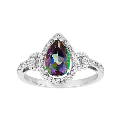 14K White Gold Pear Shaped Mystic Topaz Halo Diamond Ring