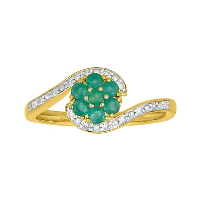 14K Two Tone Gold Emerald Flower Bypass Diamond Ring