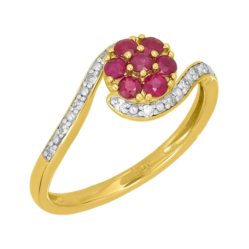 14K Two Tone Gold Ruby Flower Bypass Diamond Ring