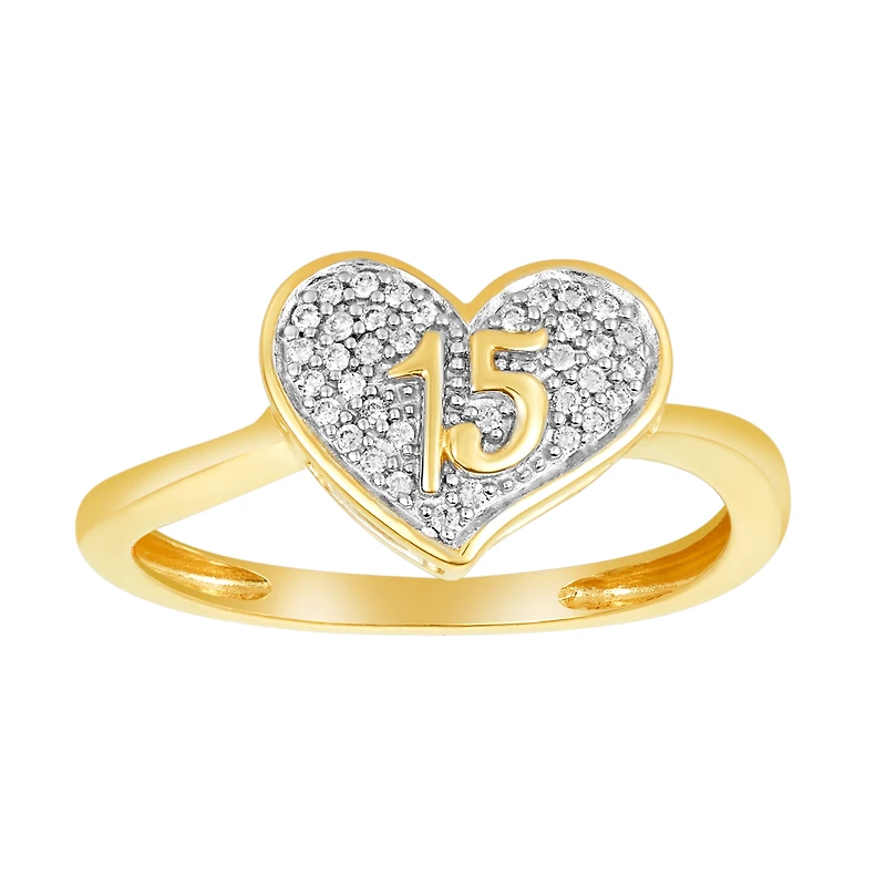 14K Two Tone Gold Heart "15" Quinceañera Diamond Ring