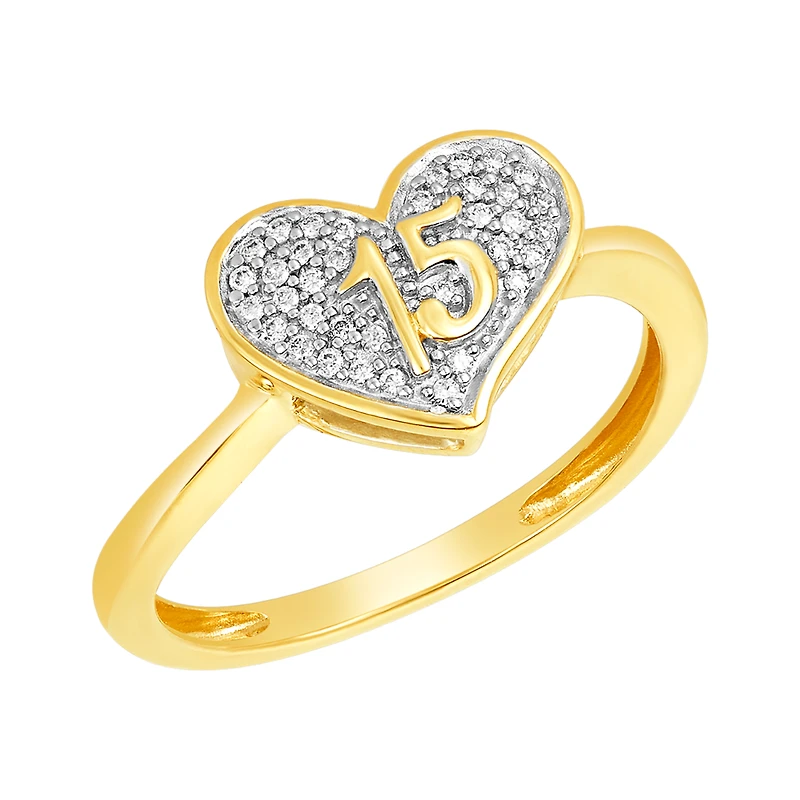 14K Two Tone Gold Heart "15" Quinceañera Diamond Ring
