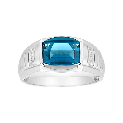 14K White Gold Men's Ring with Barrel Cut London Blue Topaz