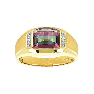 14K Yellow Men's Gold Ring with Barrel Cut Mystic Fire Topaz