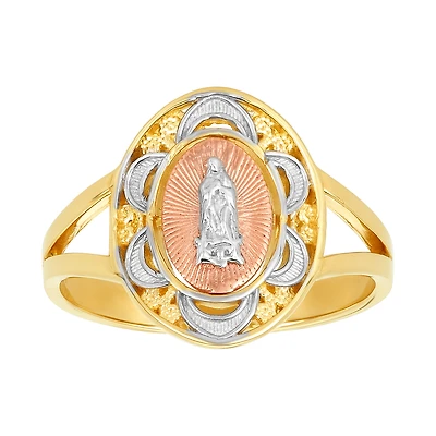 14K Tri Color Gold Oval Guadalupe Lace Design Ring