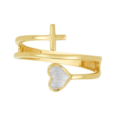14K Two Tone Gold Cross and Heart Wrap Ring