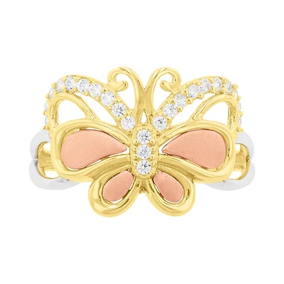 14K Tri Color Gold Butterfly Cubic Zirconia Ring