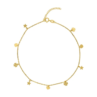 14K Yellow Gold Heart Star Clover Anklet