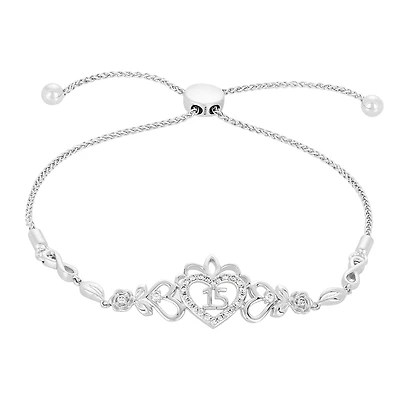 14K White Gold Crown Heart Quinceañera Diamond Bracelet