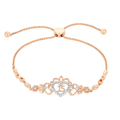 14K Rose Gold Crown Heart Quinceañera Diamond Bracelet