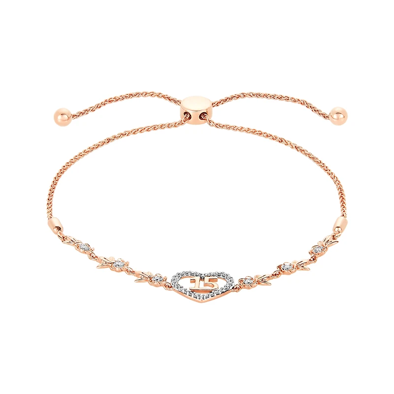 14K Rose Gold Roses Heart Quinceañera Diamond Bracelet