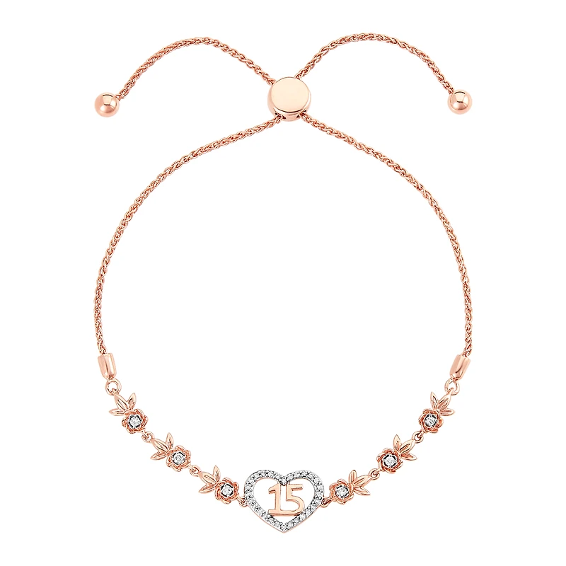 14K Rose Gold Roses Heart Quinceañera Diamond Bracelet