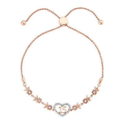 14K Rose Gold Roses Heart Quinceañera Diamond Bracelet