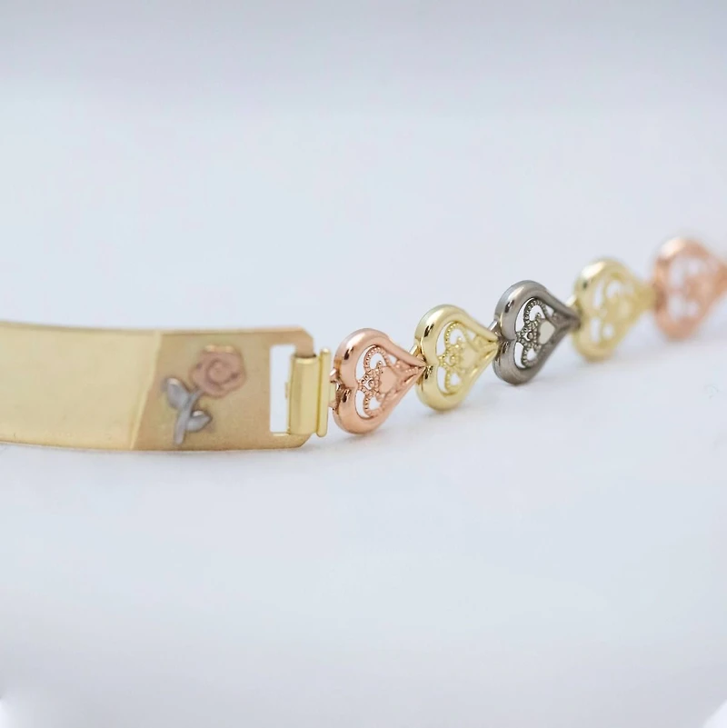 14K Gold Tri Color Heart Link ID Bracelet