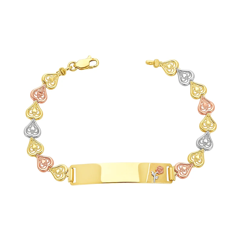 14K Gold Tri Color Heart Link ID Bracelet