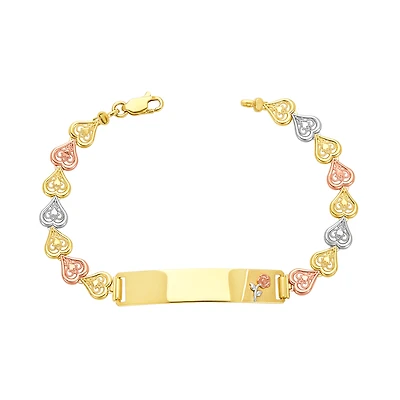 14K Gold Tri Color Heart Link ID Bracelet